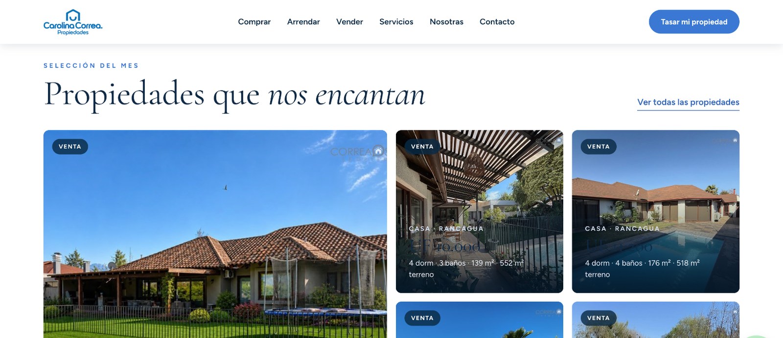 Sección 1 de la web de Carolina Correa Propiedades
