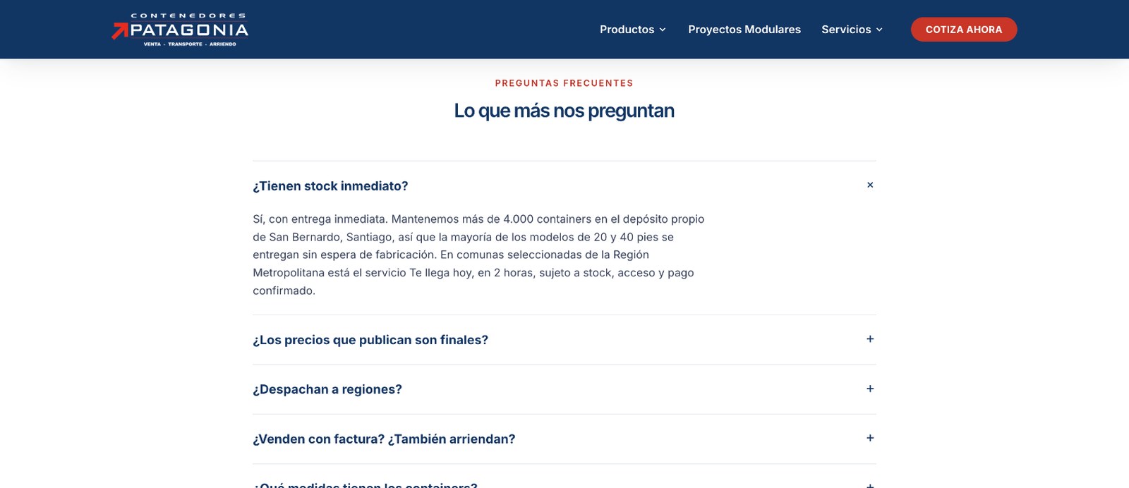 Sección 3 de la web de Contenedores Patagonia